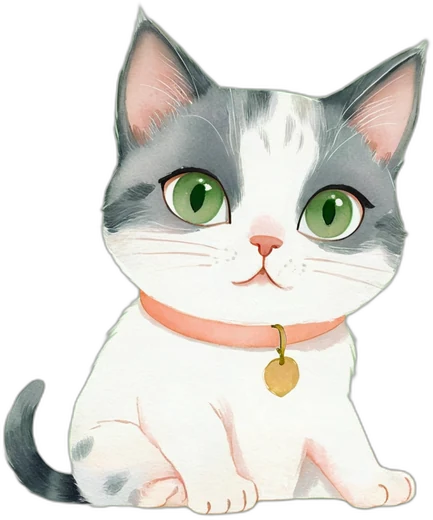 Arya, una gata gris y blanca de ojos verdes, dibujada en acuarela