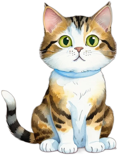 Ogon, un gato atigrado de ojos verdes, dibujado en acuarela